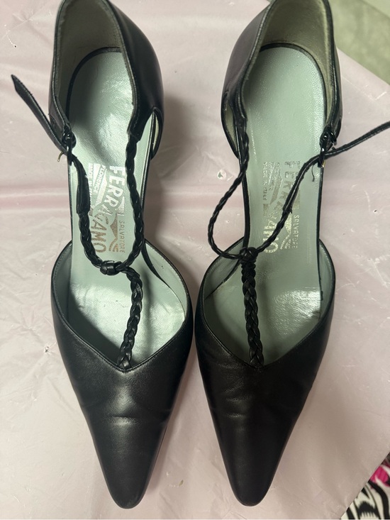 Salvatore Ferragamo Shoes - Salvatore Ferragamo Black Braided T-Strap Pointed Leather Heels